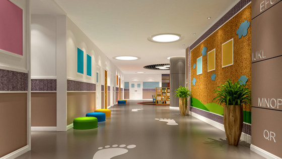 clean and fun coloured school hallway with coloured bean chairs and footprint vinyl's on floor