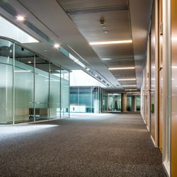 clean clear office hallway and glass office walls